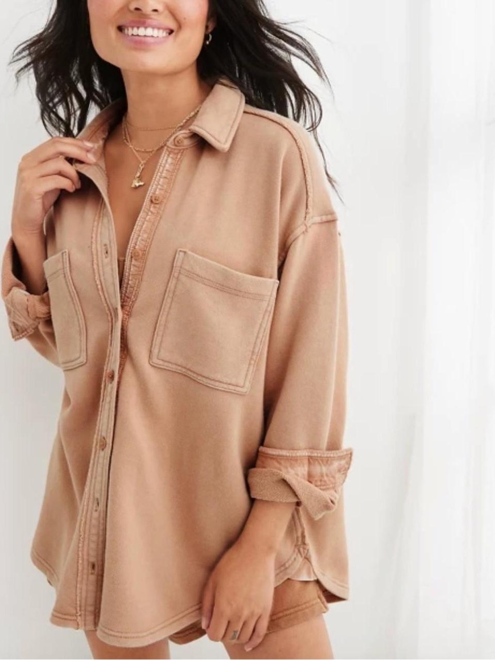 Aerie LumberJane Solid Knit Button Down Shirt Shacket XL Tan Oversized Gorpcore